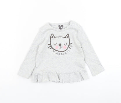 Very Girls Grey  Cotton Basic T-Shirt Size 3-6 Months Round Neck Pullover - Cat