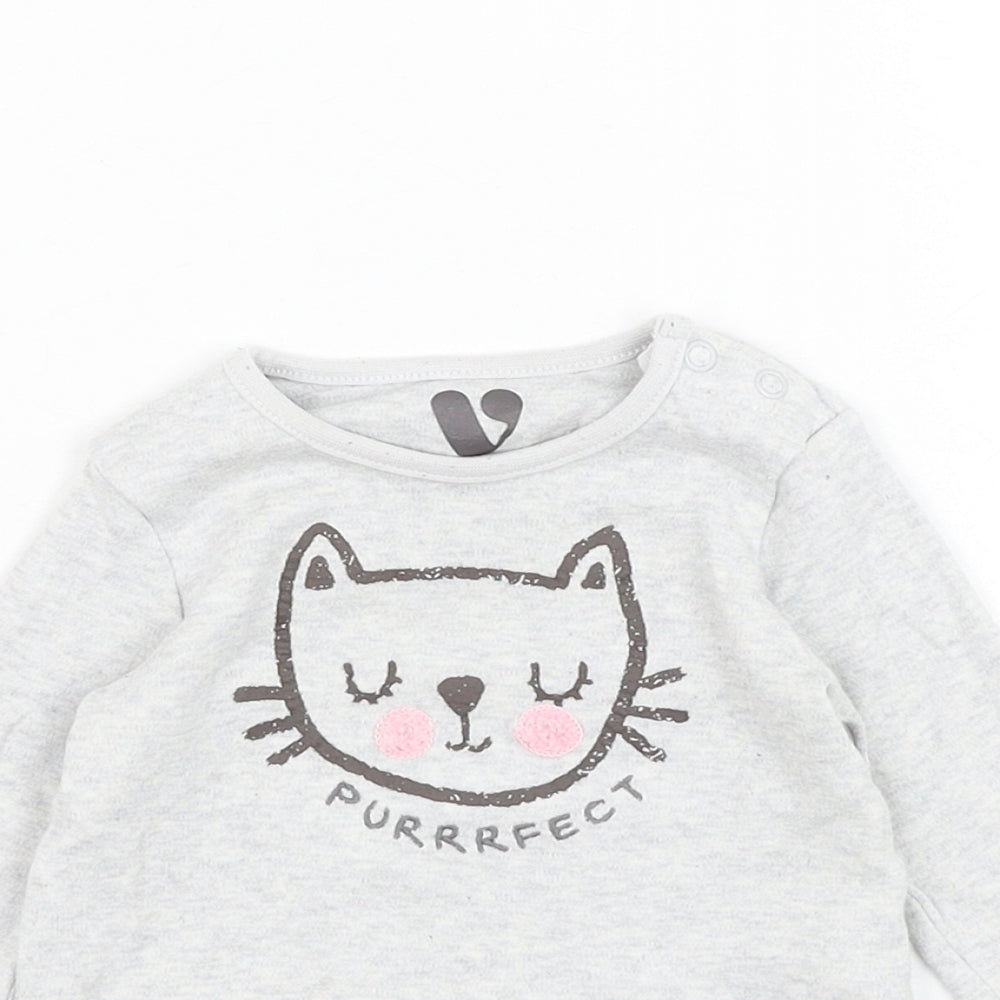 Very Girls Grey  Cotton Basic T-Shirt Size 3-6 Months Round Neck Pullover - Cat