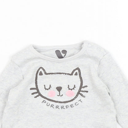 Very Girls Grey  Cotton Basic T-Shirt Size 3-6 Months Round Neck Pullover - Cat