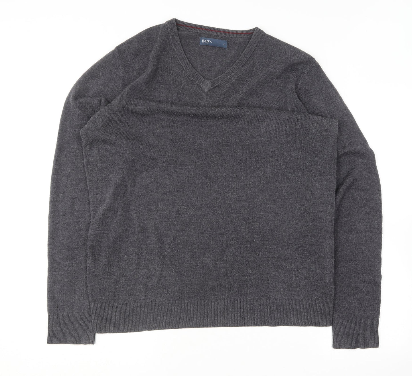 Easy Mens Grey V-Neck  Cotton Pullover Jumper Size L