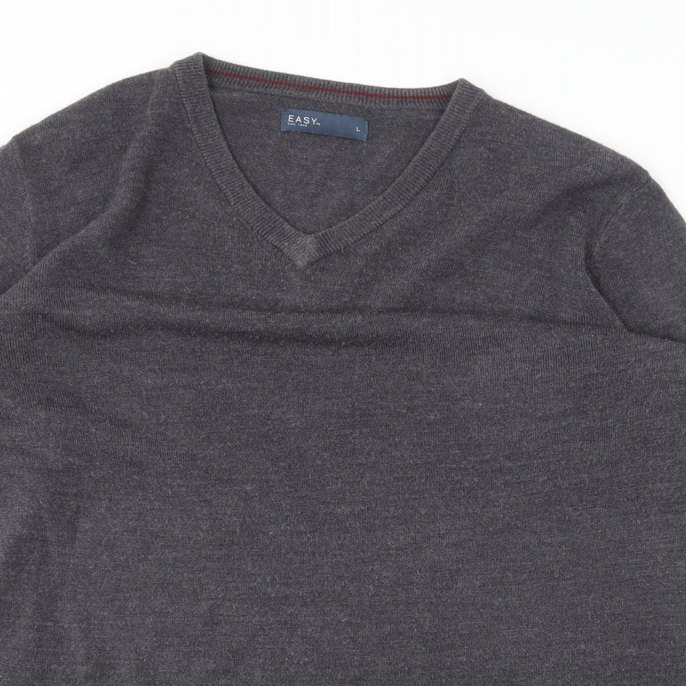 Easy Mens Grey V-Neck  Cotton Pullover Jumper Size L