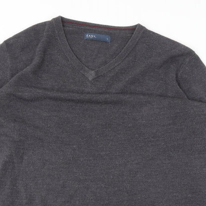 Easy Mens Grey V-Neck  Cotton Pullover Jumper Size L