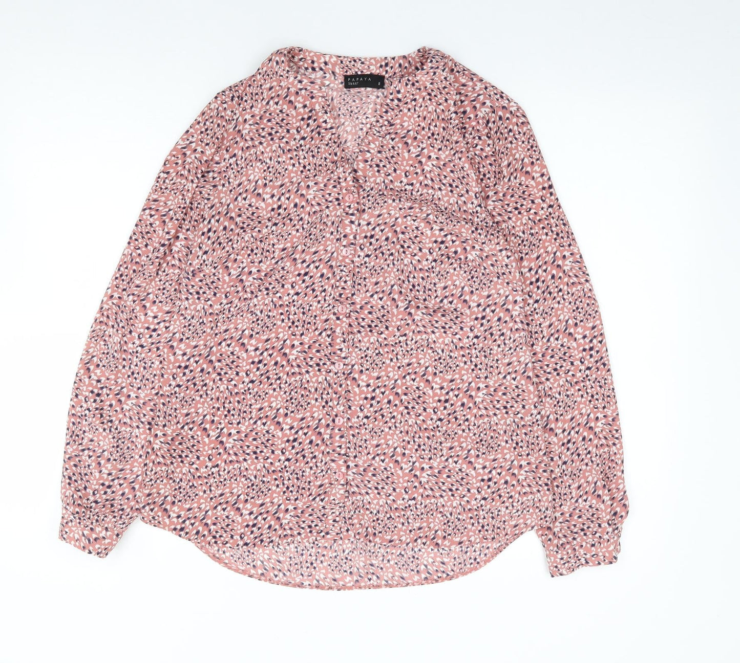Papaya Womens Pink Animal Print Polyester Jersey Button-Up Size 8 V-Neck