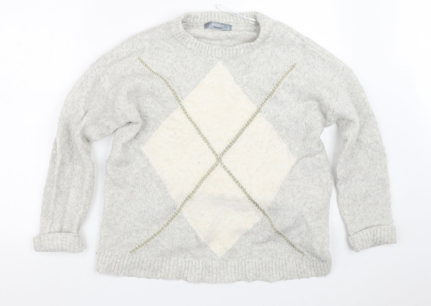 El Corte Inglés Womens White Crew Neck Argyle/Diamond Acrylic Pullover Jumper Size S