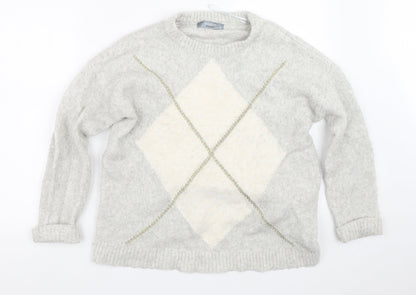 El Corte Inglés Womens White Crew Neck Argyle/Diamond Acrylic Pullover Jumper Size S