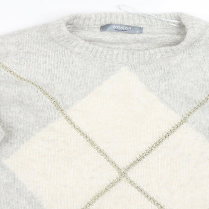 El Corte Inglés Womens White Crew Neck Argyle/Diamond Acrylic Pullover Jumper Size S