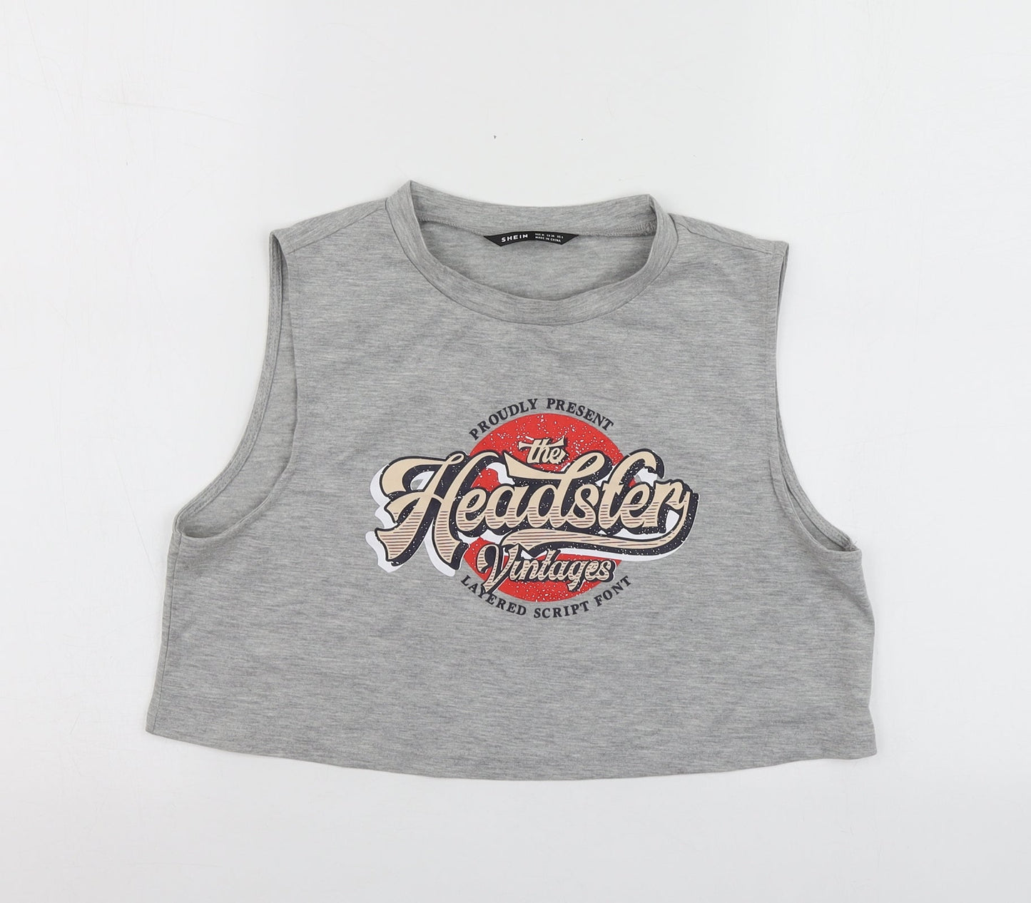 SheIn Womens Grey Geometric Polyester Basic T-Shirt Size M Round Neck