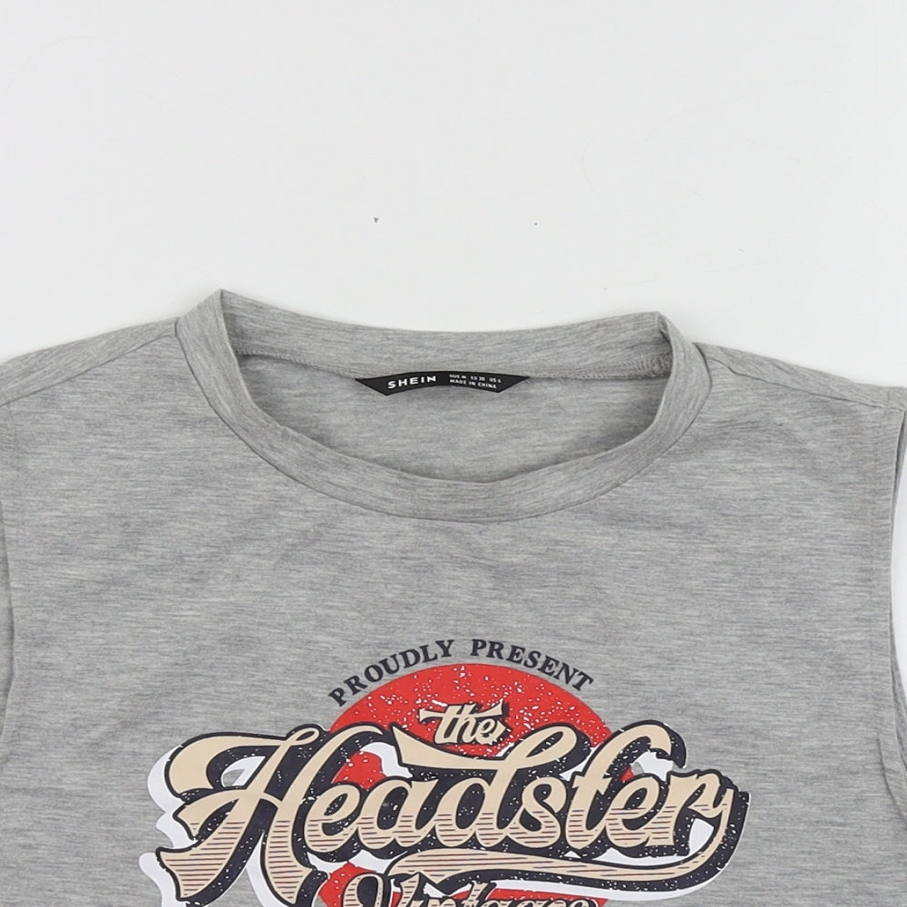 SheIn Womens Grey Geometric Polyester Basic T-Shirt Size M Round Neck