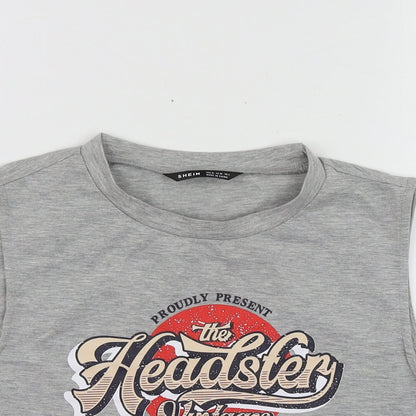 SheIn Womens Grey Geometric Polyester Basic T-Shirt Size M Round Neck