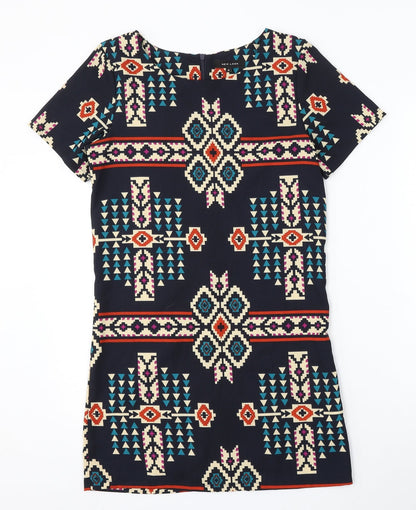 New Look Womens Blue Geometric Polyester Pencil Dress  Size 8  Round Neck