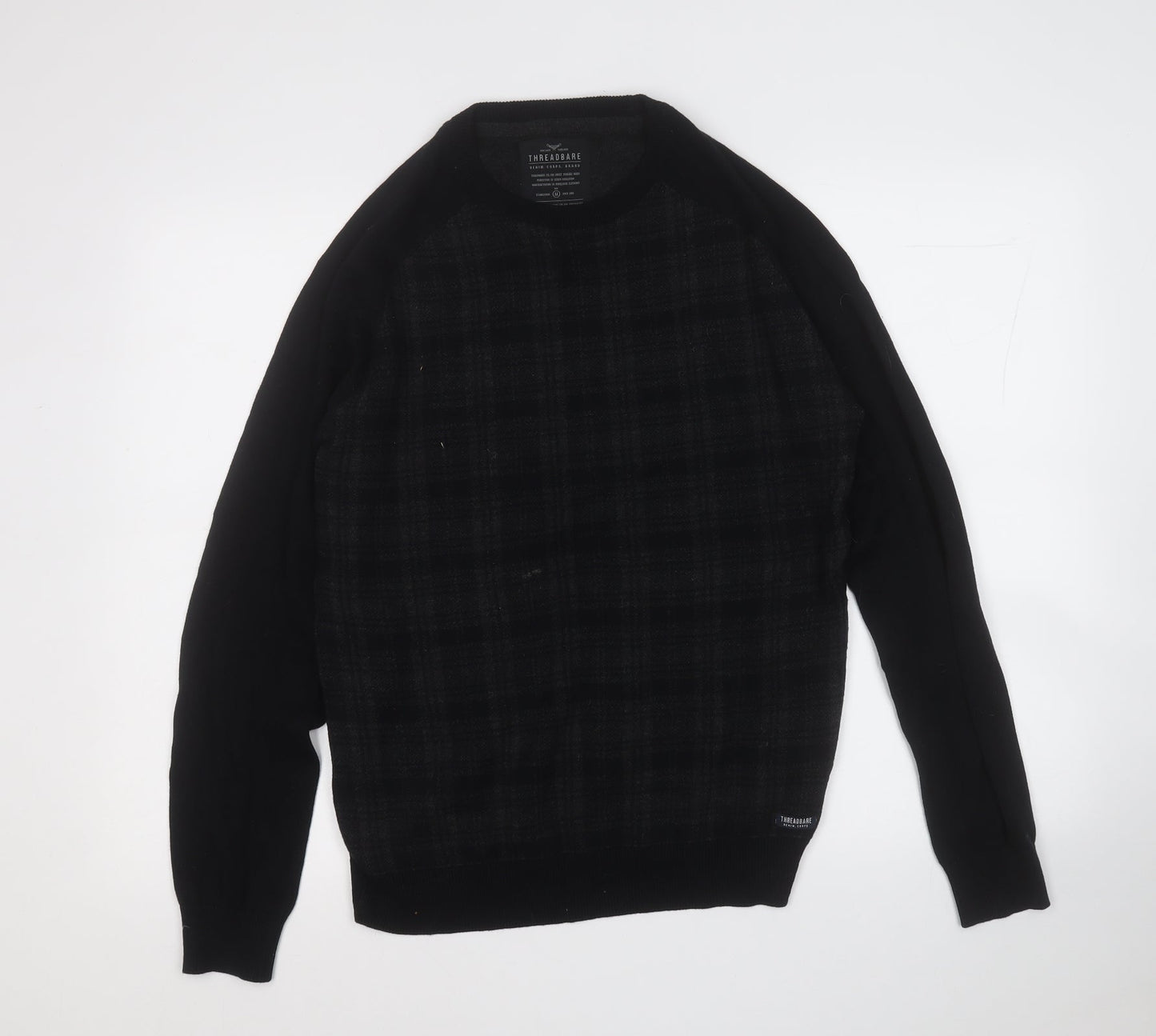 Threadbare Mens Black Round Neck Geometric Cotton Pullover Jumper Size M