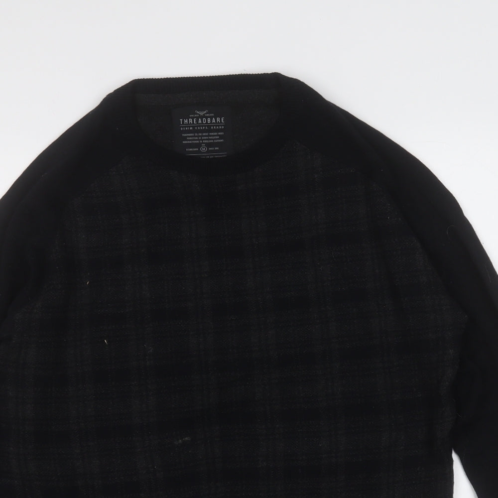 Threadbare Mens Black Round Neck Geometric Cotton Pullover Jumper Size M