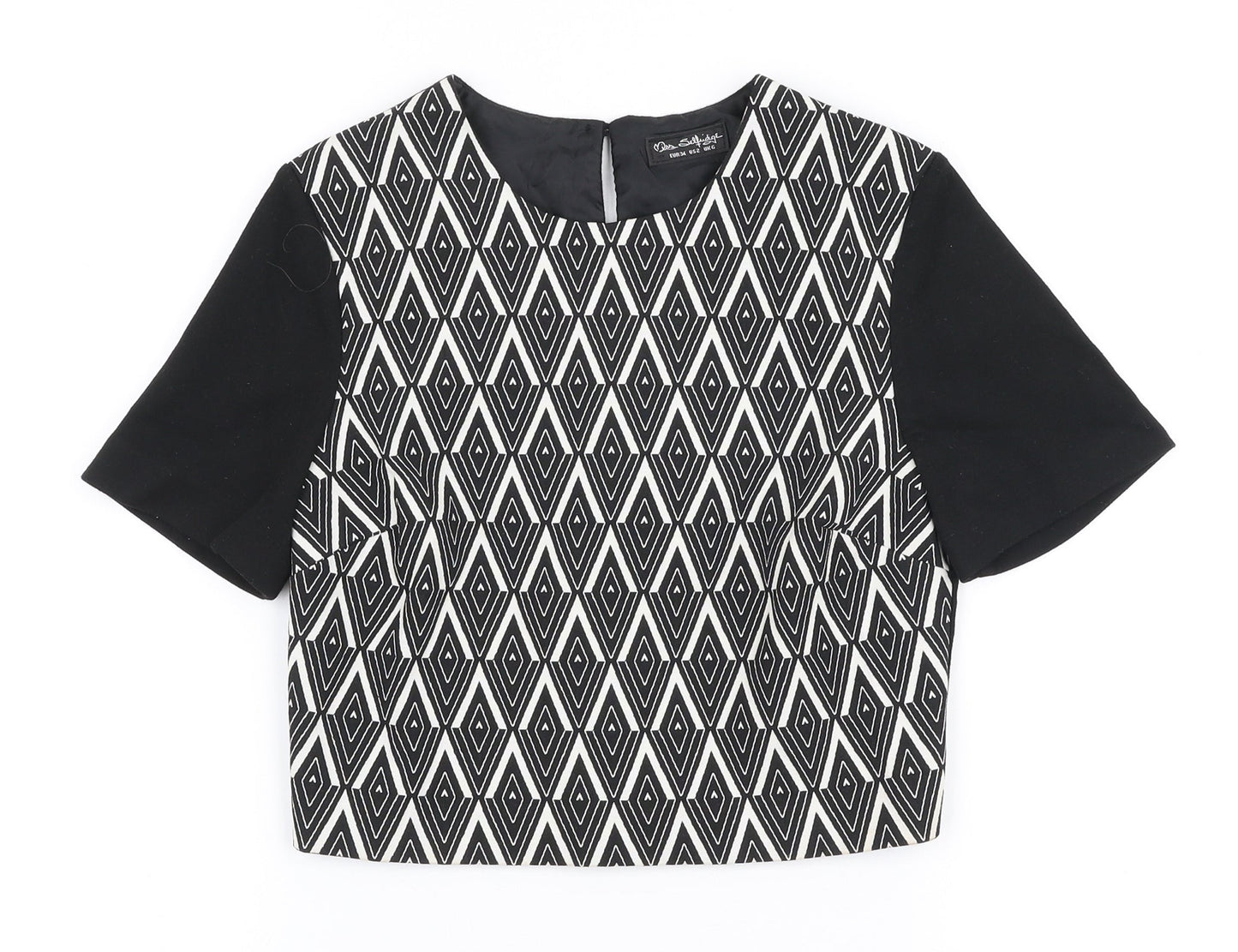 Miss Selfridge Womens Black Geometric Polyester Cropped Blouse Size 6 Round Neck