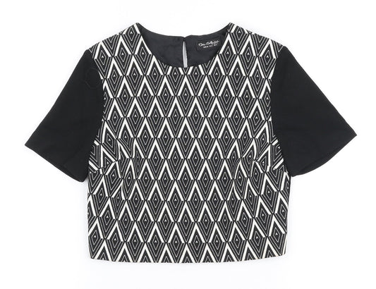 Miss Selfridge Womens Black Geometric Polyester Cropped Blouse Size 6 Round Neck