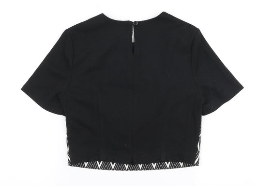 Miss Selfridge Womens Black Geometric Polyester Cropped Blouse Size 6 Round Neck