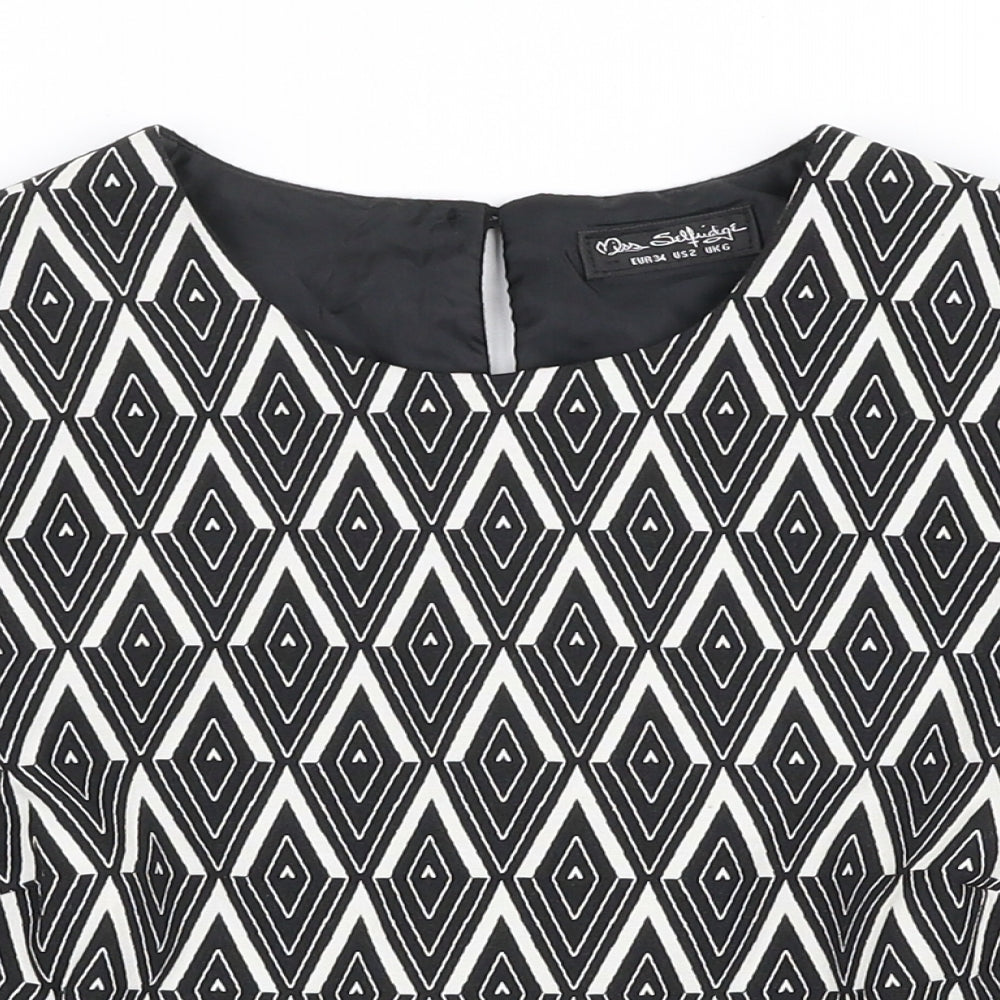 Miss Selfridge Womens Black Geometric Polyester Cropped Blouse Size 6 Round Neck