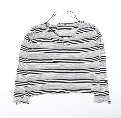jad Womens Black Striped Polyester Basic T-Shirt Size M Round Neck