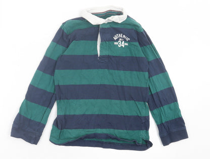 Mothercare Boys Green Striped Cotton Basic Polo Size 8 Years Collared Button