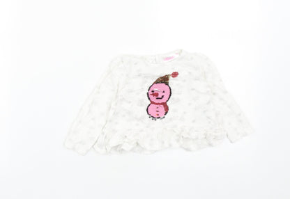 So cute Girls White  Cotton Basic Casual Size 3-6 Months Round Neck Button - Christmas Snow Man