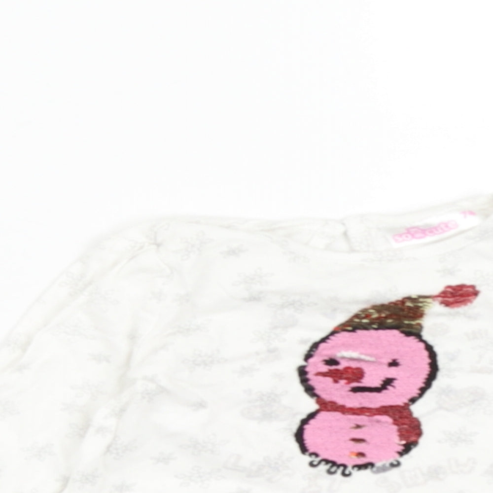 So cute Girls White  Cotton Basic Casual Size 3-6 Months Round Neck Button - Christmas Snow Man