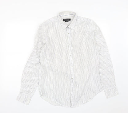 Zara Mens White Geometric Polyester  Button-Up Size L Collared Button
