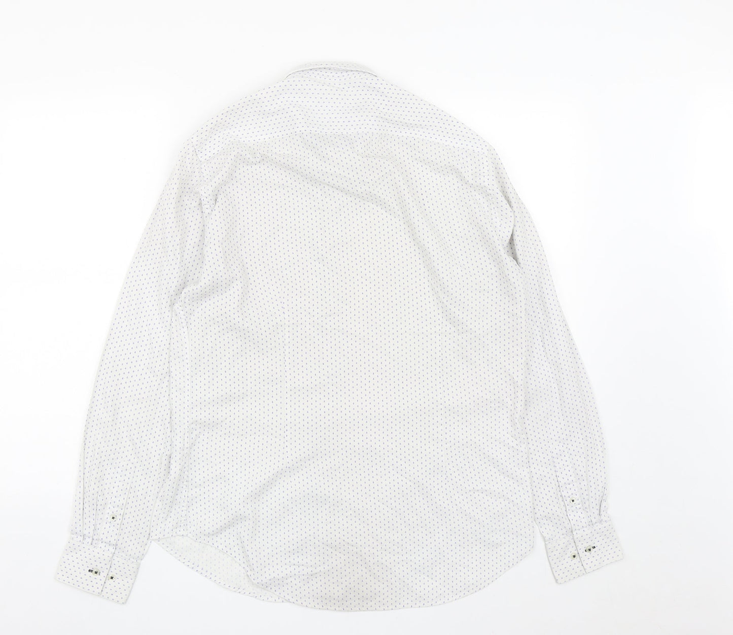 Zara Mens White Geometric Polyester  Button-Up Size L Collared Button