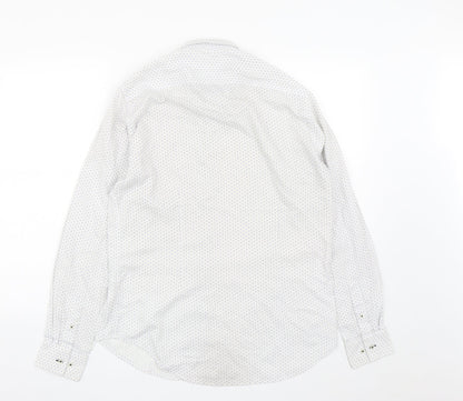 Zara Mens White Geometric Polyester  Button-Up Size L Collared Button