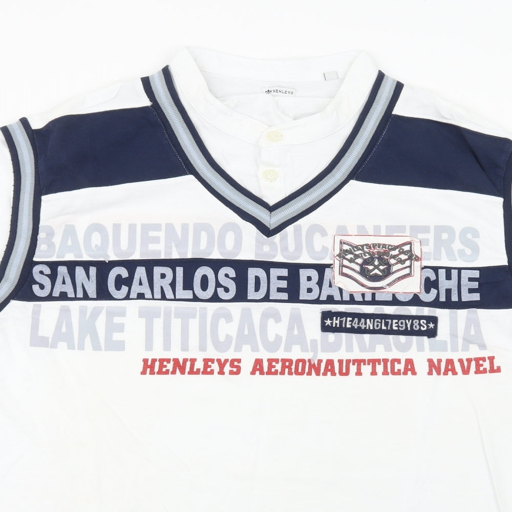 Henleys Mens White  100% Cotton  Polo Size L V-Neck