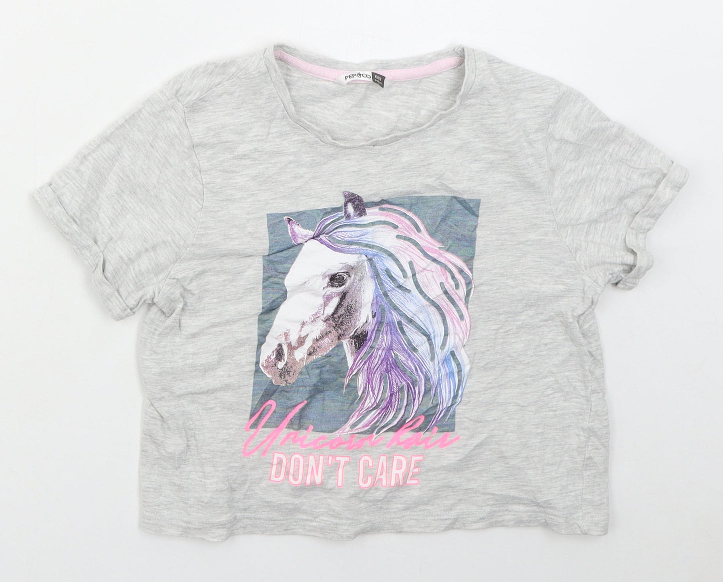 Pep&co Girls Grey  Cotton Cropped T-Shirt Size 9-10 Years Crew Neck Pullover - Unicorn Hair Don't Care