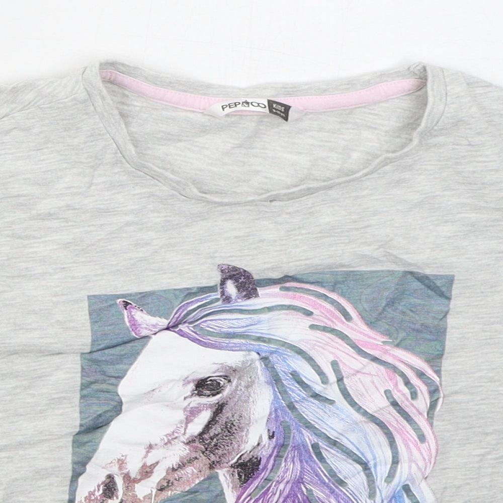 Pep&co Girls Grey  Cotton Cropped T-Shirt Size 9-10 Years Crew Neck Pullover - Unicorn Hair Don't Care