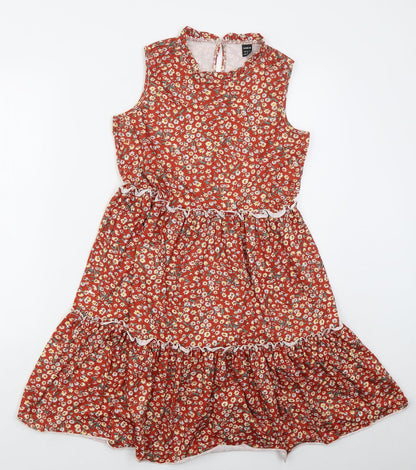 SheIn Womens Red Floral Polyester A-Line  Size S  Round Neck Button