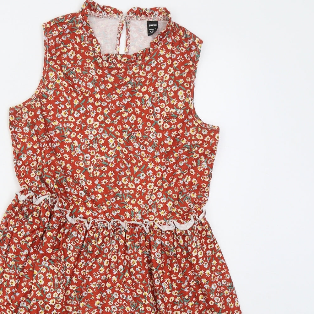 SheIn Womens Red Floral Polyester A-Line  Size S  Round Neck Button