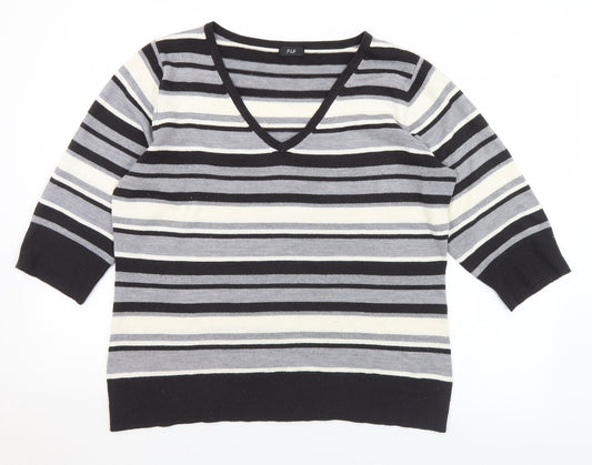 F&F Womens Multicoloured V-Neck Striped Acrylic Pullover Jumper Size 18