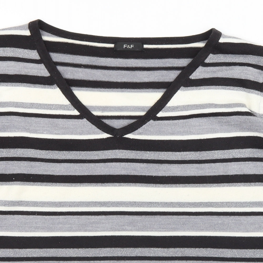 F&F Womens Multicoloured V-Neck Striped Acrylic Pullover Jumper Size 18