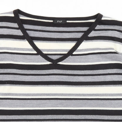 F&F Womens Multicoloured V-Neck Striped Acrylic Pullover Jumper Size 18