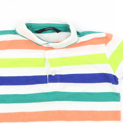 George Girls White Striped Cotton Basic Polo Size 3-4 Years Collared Pullover