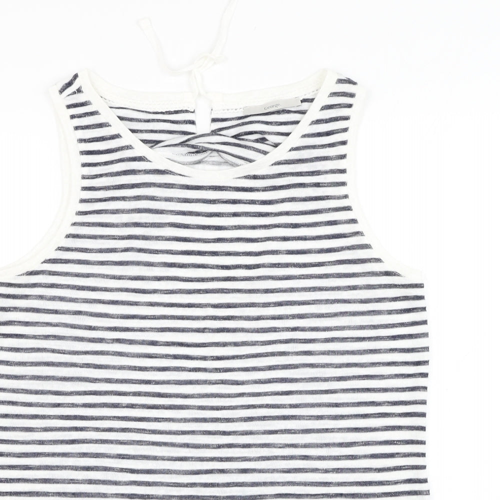 George Womens White Striped Polyester Basic Tank Size 14 Round Neck