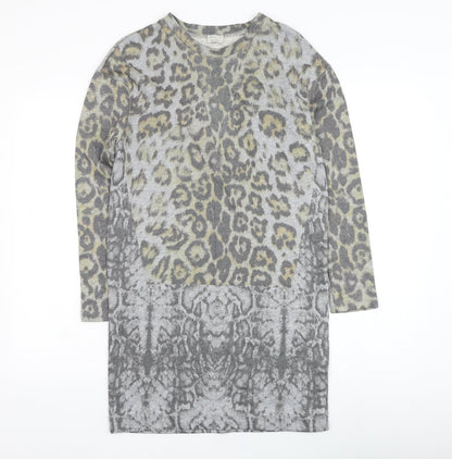 Zara Womens Grey Animal Print Cotton Jumper Dress  Size S  Round Neck Pullover