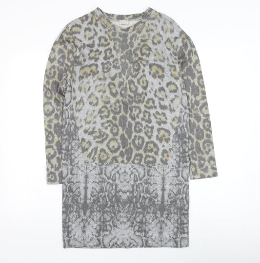 Zara Womens Grey Animal Print Cotton Jumper Dress  Size S  Round Neck Pullover