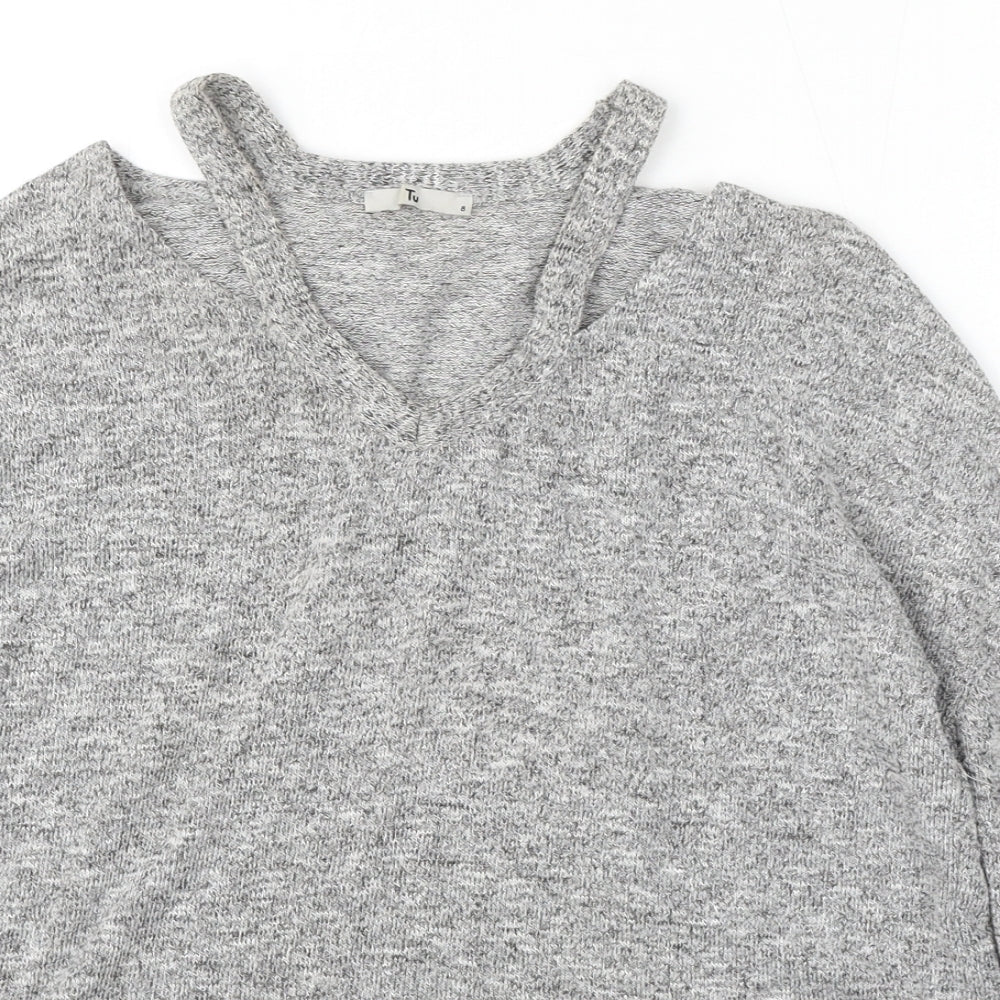 TU Womens Grey V-Neck  Polyester Pullover Jumper Size 8