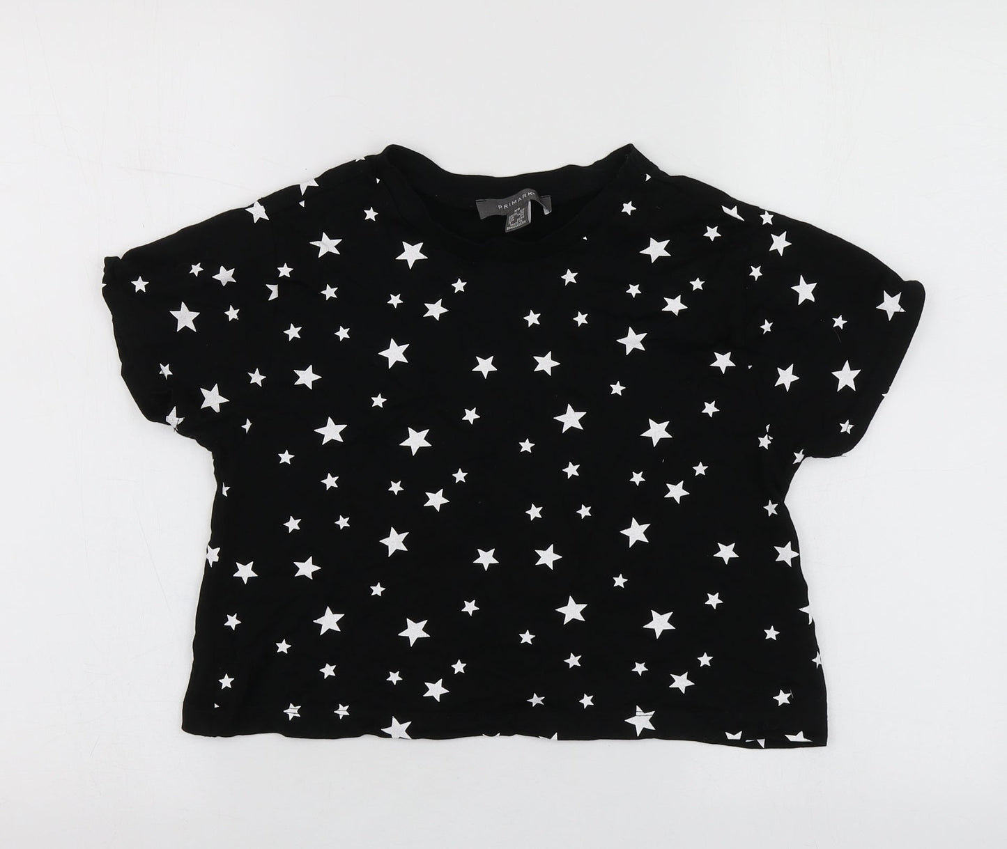 Primark Womens Black Geometric Cotton Basic T-Shirt Size XS Round Neck