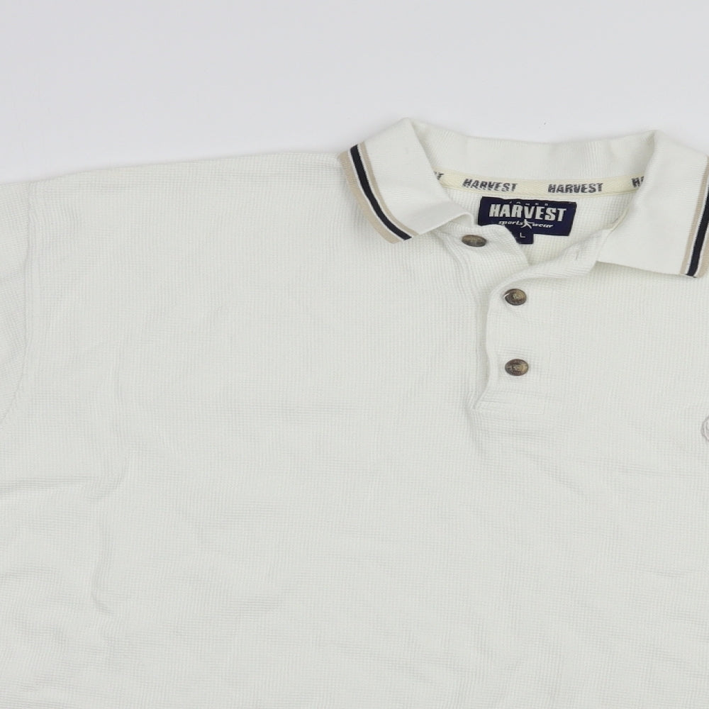 James Harvest Mens White  Cotton  Polo Size L Collared Button