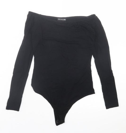 PRETTYLITTLETHING Womens Black  Viscose Bodysuit One-Piece Size 10  Button