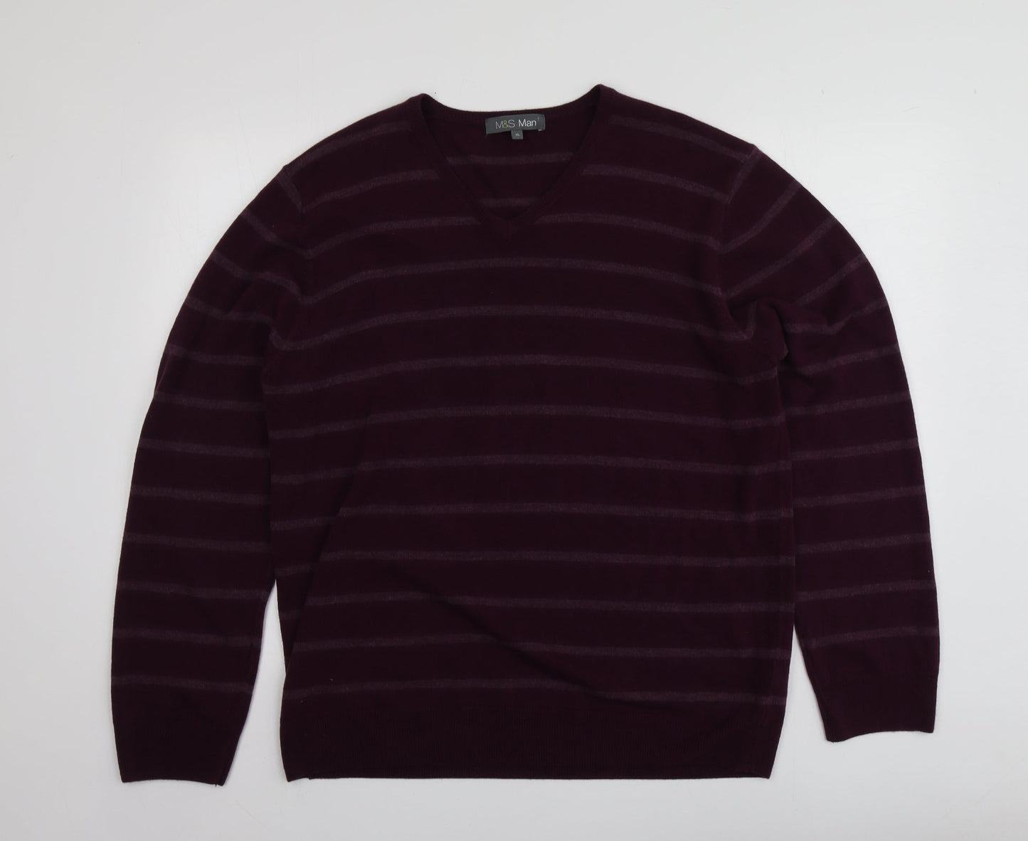 M&S Mens Purple V-Neck Striped Acrylic Pullover Jumper Size XL