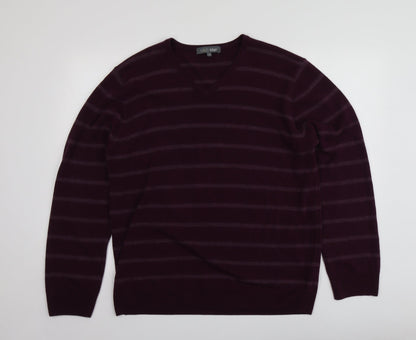 M&S Mens Purple V-Neck Striped Acrylic Pullover Jumper Size XL