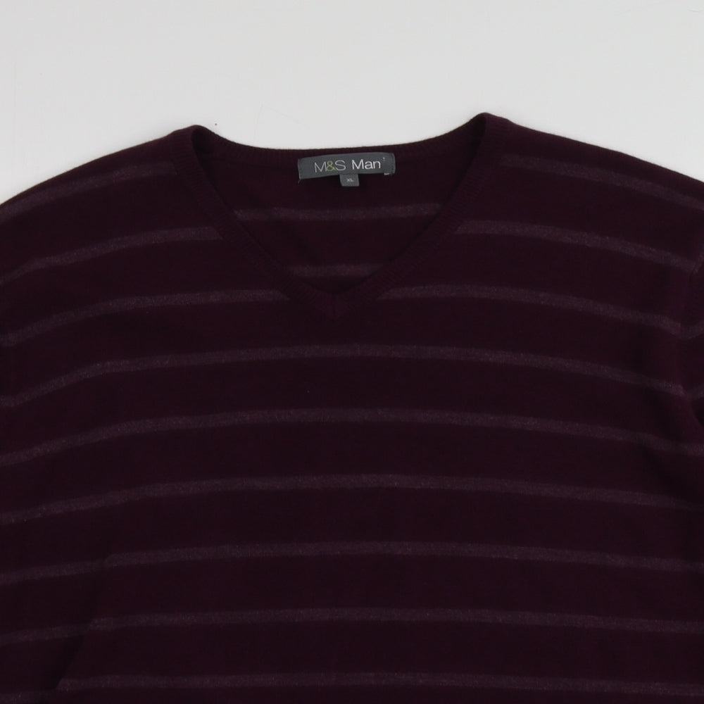 M&S Mens Purple V-Neck Striped Acrylic Pullover Jumper Size XL