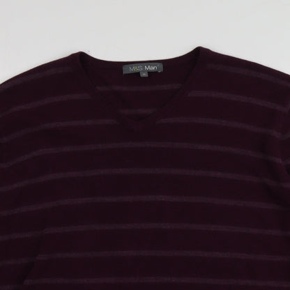 M&S Mens Purple V-Neck Striped Acrylic Pullover Jumper Size XL