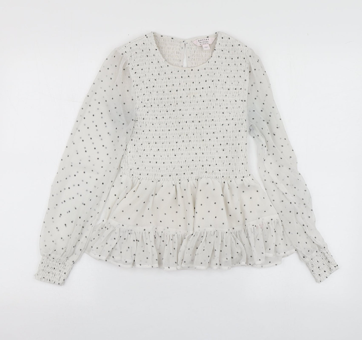 Petites Womens White Polka Dot Polyester Basic Blouse Size 6 Round Neck
