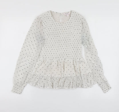 Petites Womens White Polka Dot Polyester Basic Blouse Size 6 Round Neck