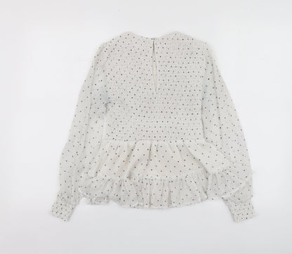 Petites Womens White Polka Dot Polyester Basic Blouse Size 6 Round Neck